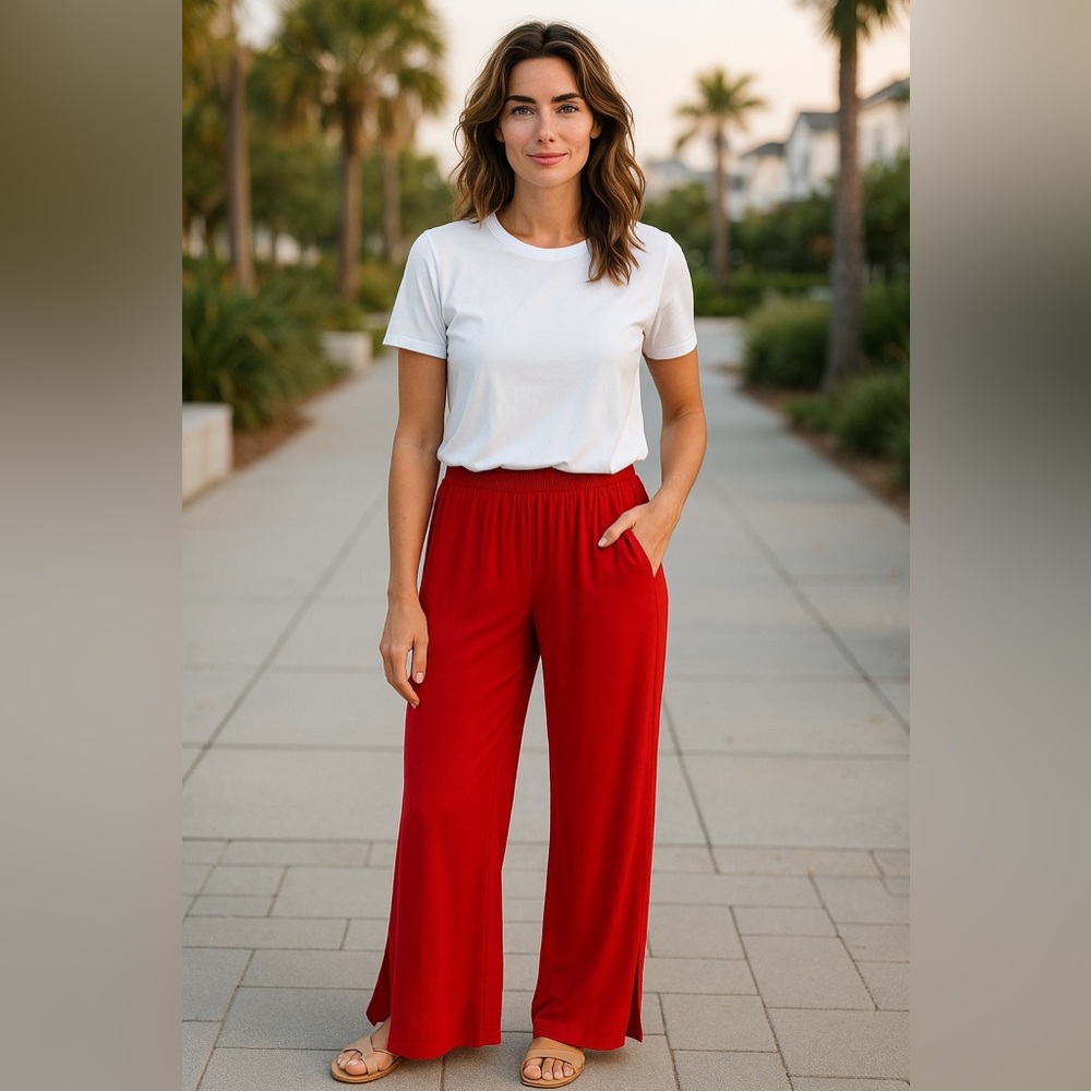 Zara Red Wide-Leg Pants - Picture 2 of 6